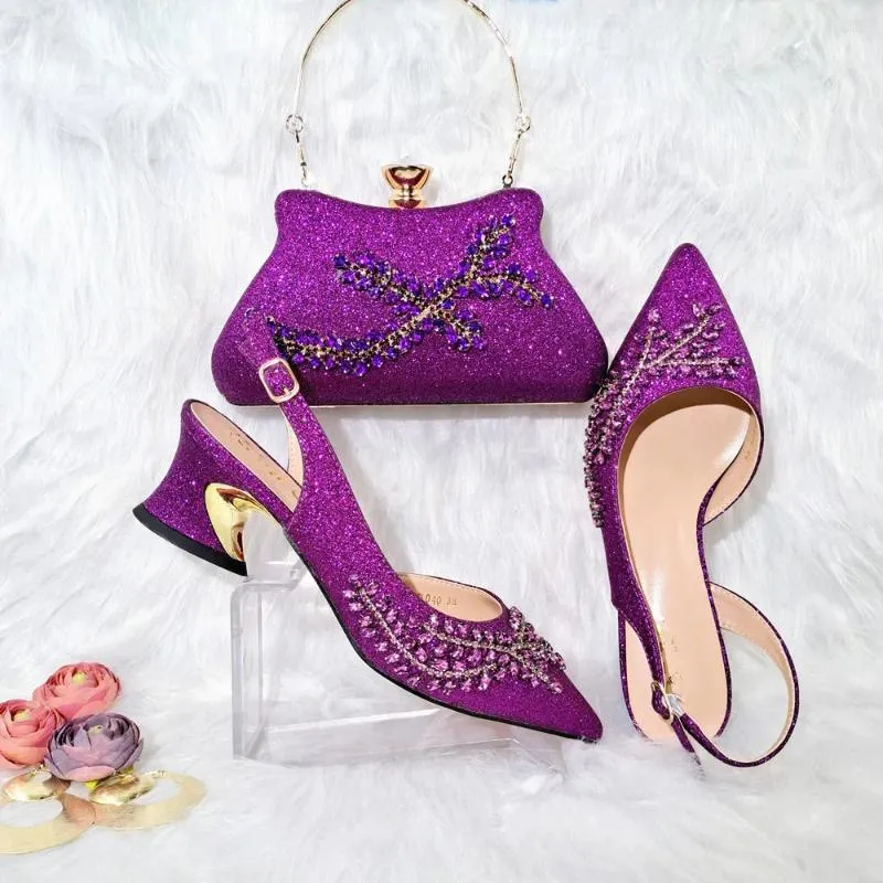 Robe chaussures mode violet femmes match sac à main avec strass pompes africaines et sac ensemble QSL040 talon 6cm