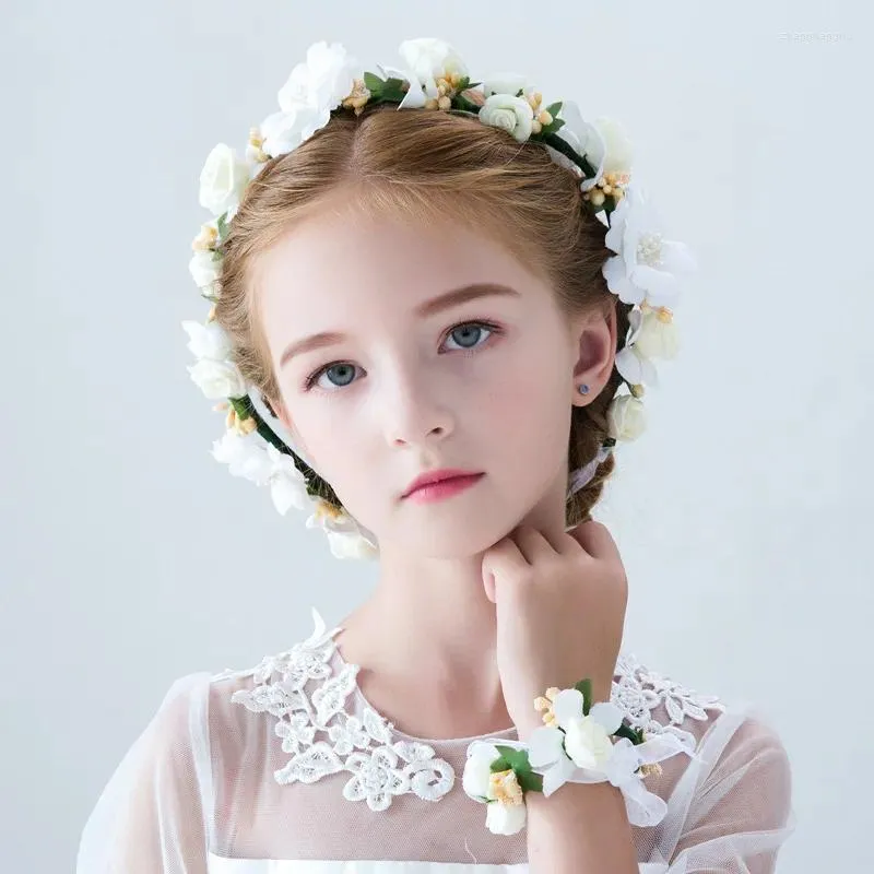 Hair Clips Girls Pearl Crystal Bridal Flower Wreath Wedding Crown With Wristband