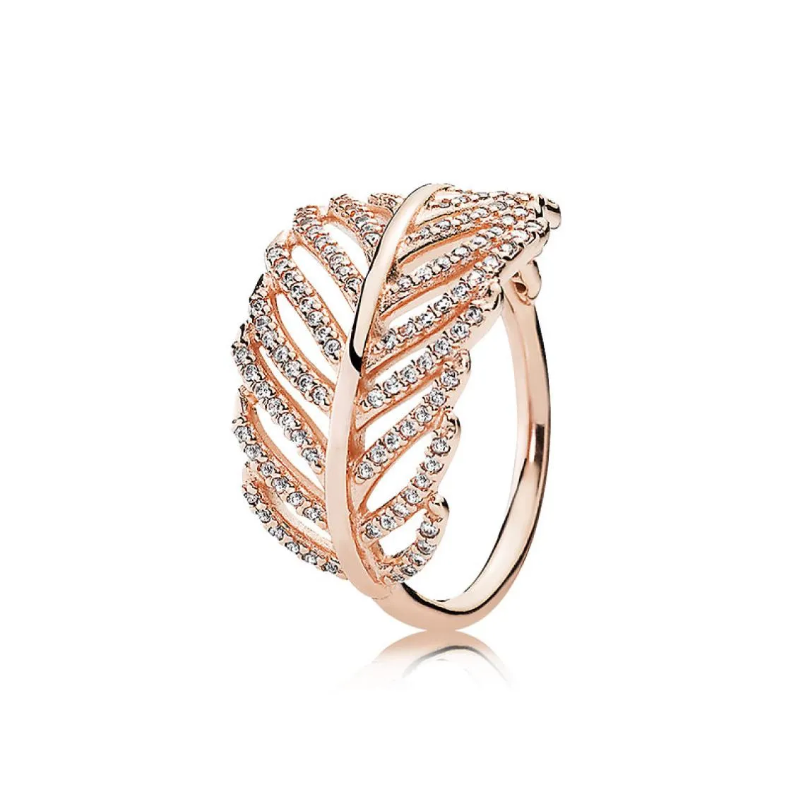 925 Sterling Silver Feather Rings with Clear CZ Diamond fit style Jewelry for Women 18K Rose Gold Crystal Wedding Ring9093631