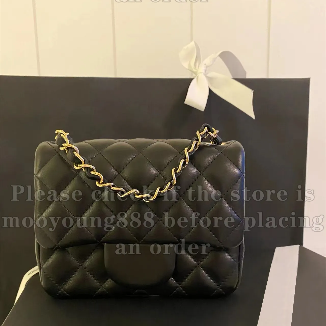 12a Upgrade Mirror Quality Designer Women Caviar Lambsklein gewatteerde tassen Mini Classic Square Flap Bag Echte lederen portemonnee Handtassen Schouder Black Gold Chain Box Tas