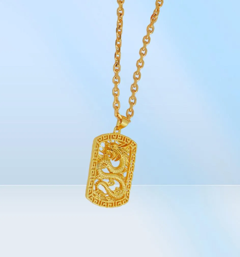 Квадратный кулон с узором дракона, цепочка из желтого золота 18 карат, мужское крутое ожерелье с подвеской, модный стиль2884817
