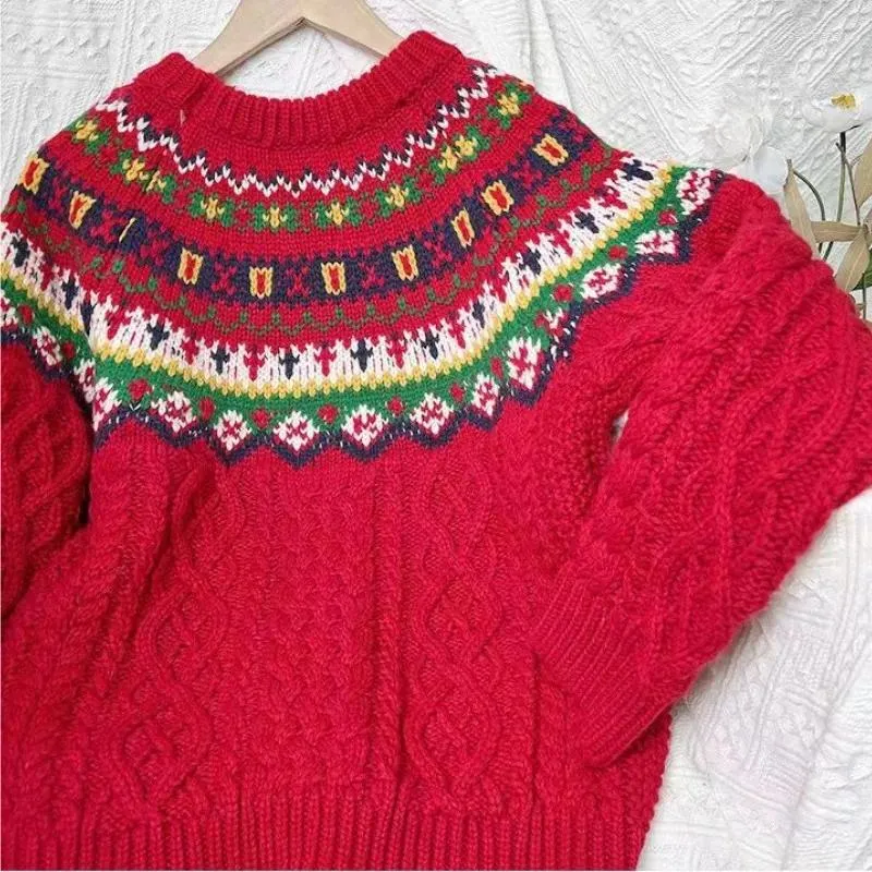 Pulls pour femmes Pull en tricot imprimé Argyle Motif Ins O-Cou Haute Noël Vintage Staight OL Bohème Manches longues Casual Noël