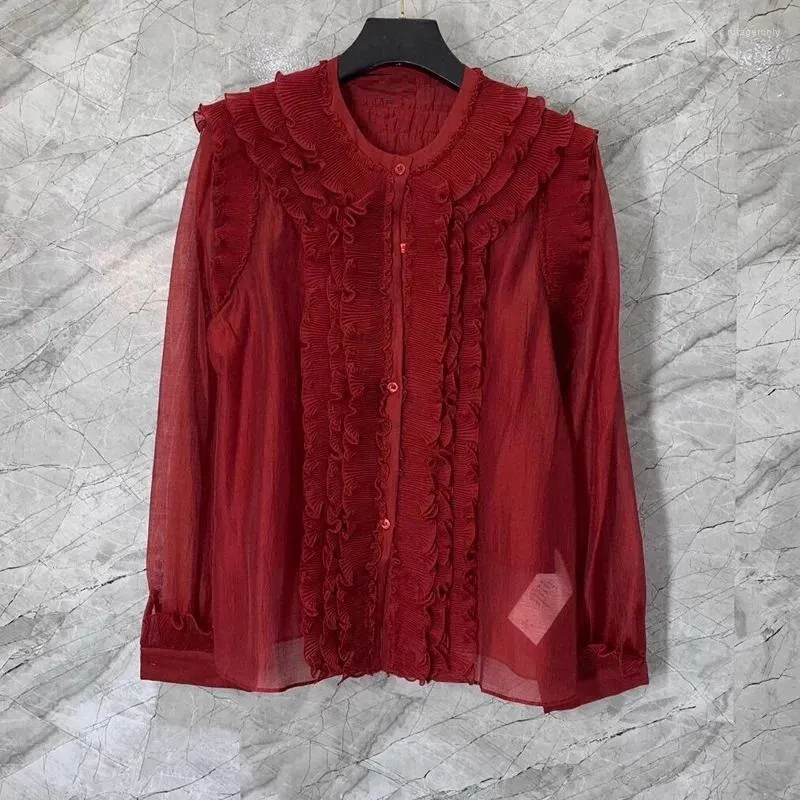Kvinnors blusar av högsta kvalitet Silkblusskjortor 2024 Spring Summer Style Kvinnor Ruffle Flower Deco Långärmning Beige Black Red Tunika