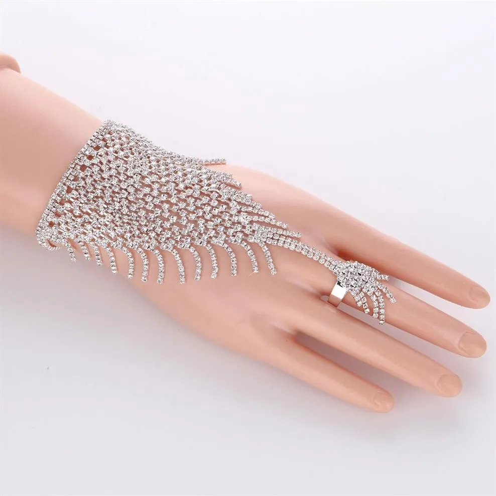 Slave Silber Hand Kristall Kette Ring Braut Armband Armreif Strass Hand Dekoration Hochzeit Manschette befestigt Ring Set Gold212Q