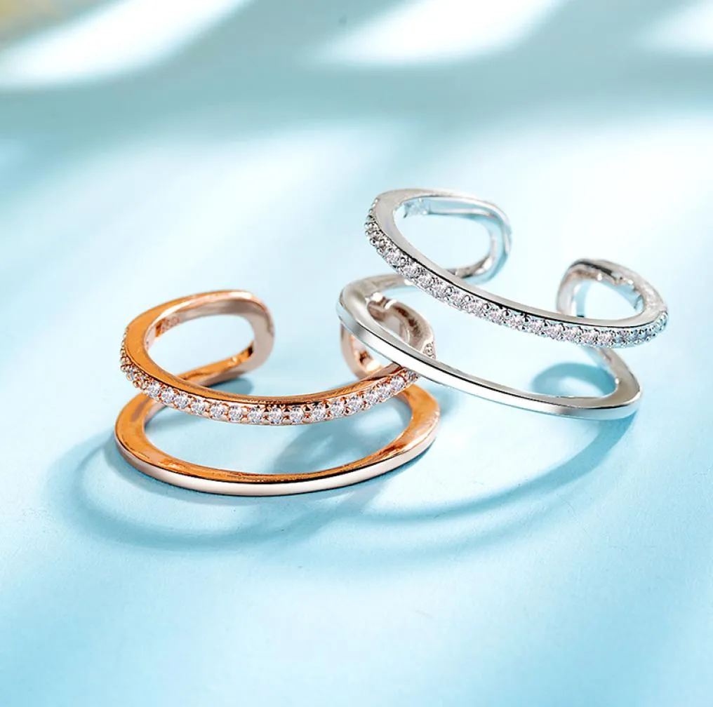 Bagues à bande ouverte en cristal à double rangée pour femmes, bijoux de mariage, en or rose 18 carats, de styliste coréen, 3770571