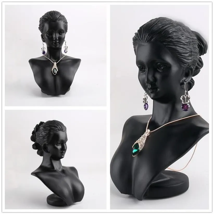 Boutique Counter Black harts Lady Figure Mannequin Display Bust Stand Jewelry Rack för halsband hängande örhängen MX200810259J