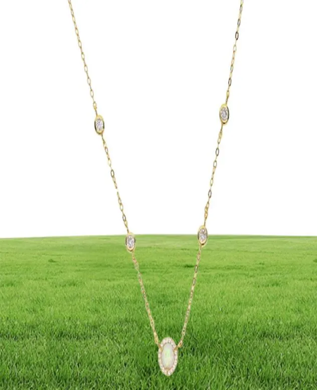 Silver Gold Rose Gold 3 Color CZ Station Opal Necklace Fine 925 Sterling Silver Jewelry Round Geometric Charm Link Chain Collar FA3396805