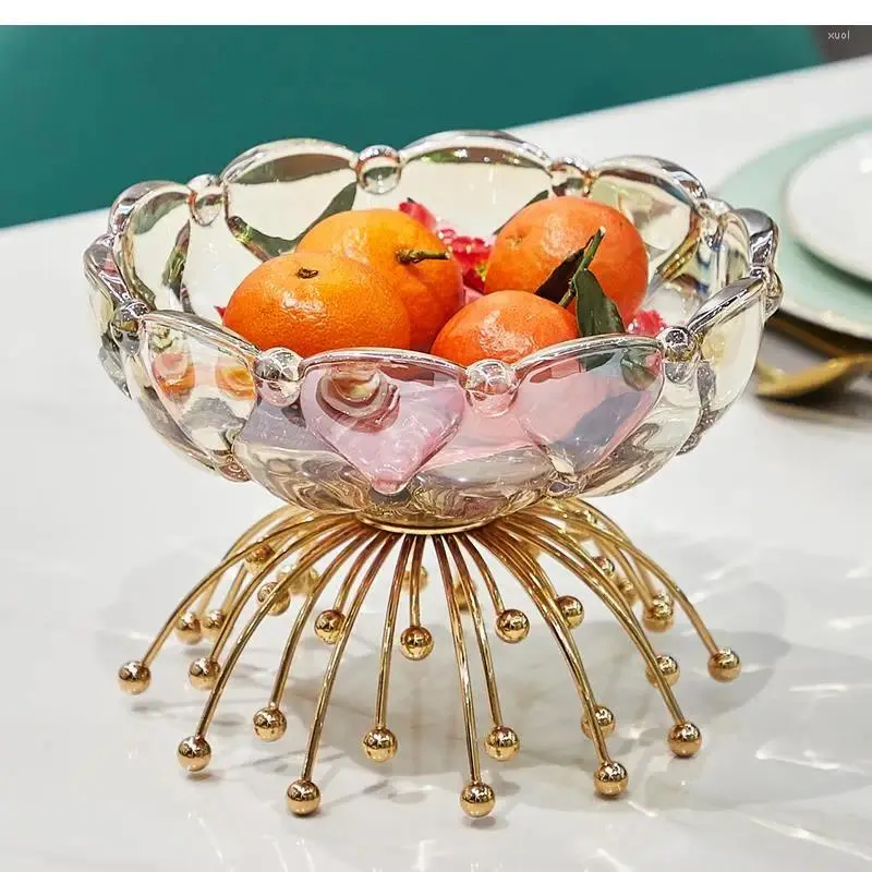 Platos nórdicos dorados ligeros, plato de fruta de lujo, mesita para café de sala de estar, cuenco de cristal transparente creativo para dulces, vajilla para aperitivos