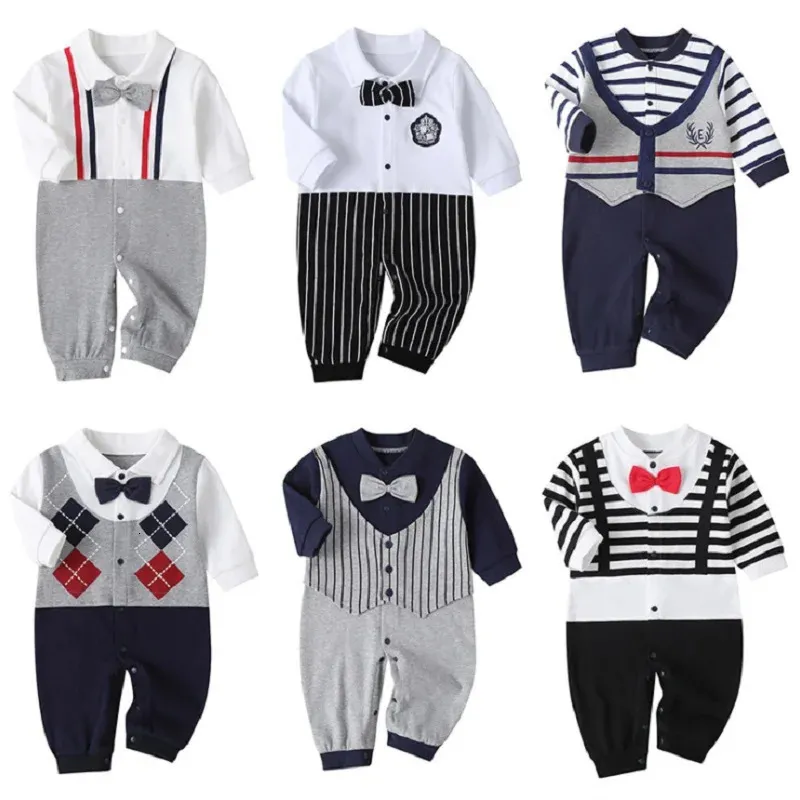 Rompers Born Baby Romper Fall Long Rleeves w stylu Bowtie Girl Ubranie Little Man Man Infant Babe Joks 231211