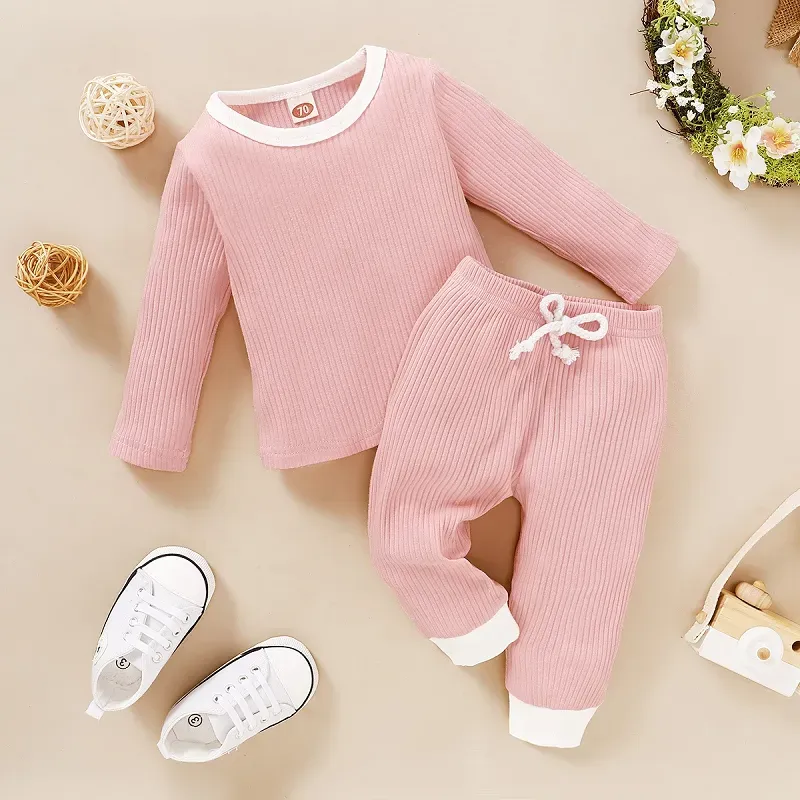 Autumn Kids Pit Knitted Clothing Sets Girls Long Sleeve T-Shirts + Pants /Sets Soft Cotton Clothes Boutique Infants Solid Outfits M2646