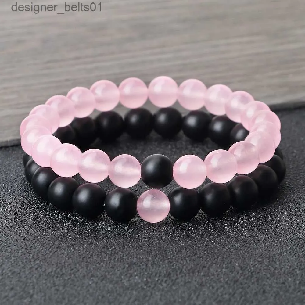 Bracelets de charme 2 pièces/ensemble pierre naturelle rose perles noires Couple Distance Bracelet pour hommes femmes brin Bracelets Bracelets Yoga r bijoux cadeaux L231214