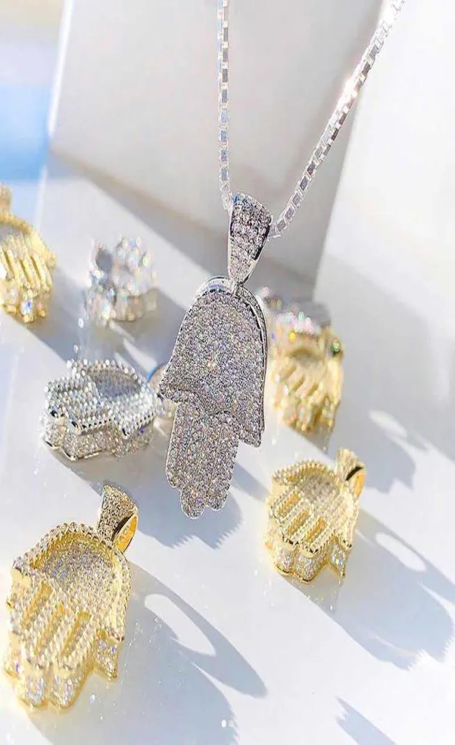 Hand of the Angel Fatima Pendant Choker Hip Hop Full Iced Out Cubic Zirconia Gold Sliver Color CZ Stone Necklace Women Men 2106216903051