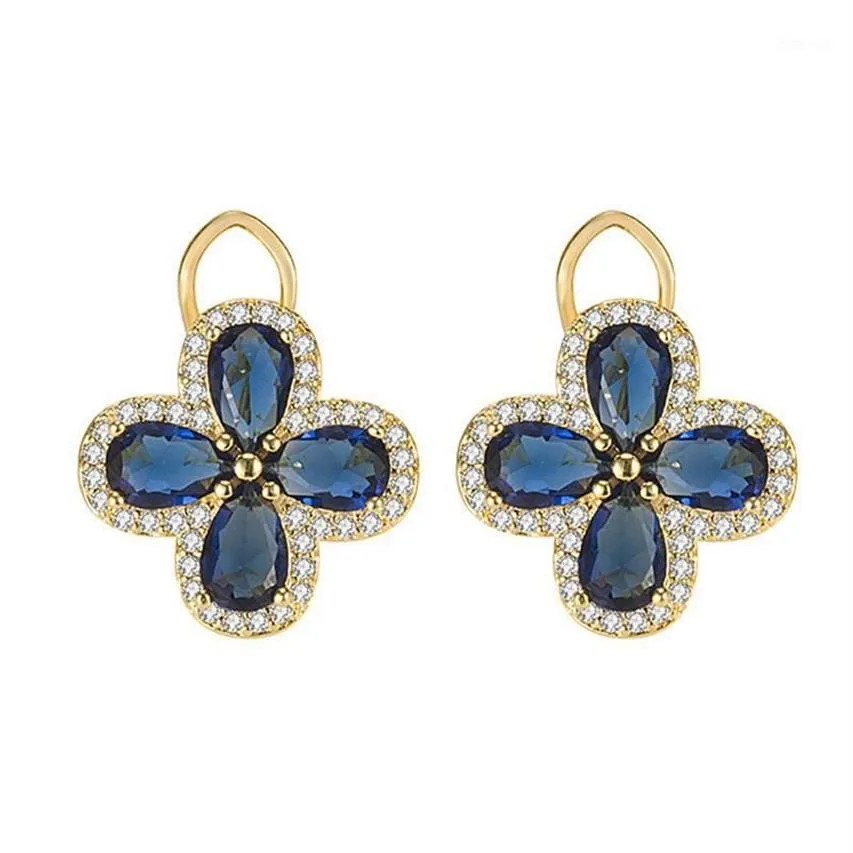 Stud Vintage Royal Clover Cristallo blu Zaffiro Pietre preziose Diamanti Orecchini per le donne Gioielli color oro Bijoux Accessori per feste1251G