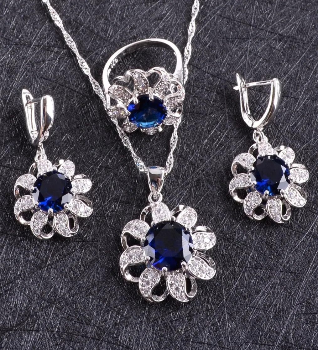 Blue Zircon Costume Silver 925 Jewelry Sets Women Earrings With Stones Bracelets NecklacePendant Rings Set Jewelery Gift Box CX209017960