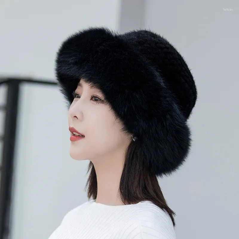 Berets Fashion Women Winter Real Mink Hair Weave Hats Genuine Fur Knit Cap Outdoor Warm Hat Elastic Soft Fluffy Natural