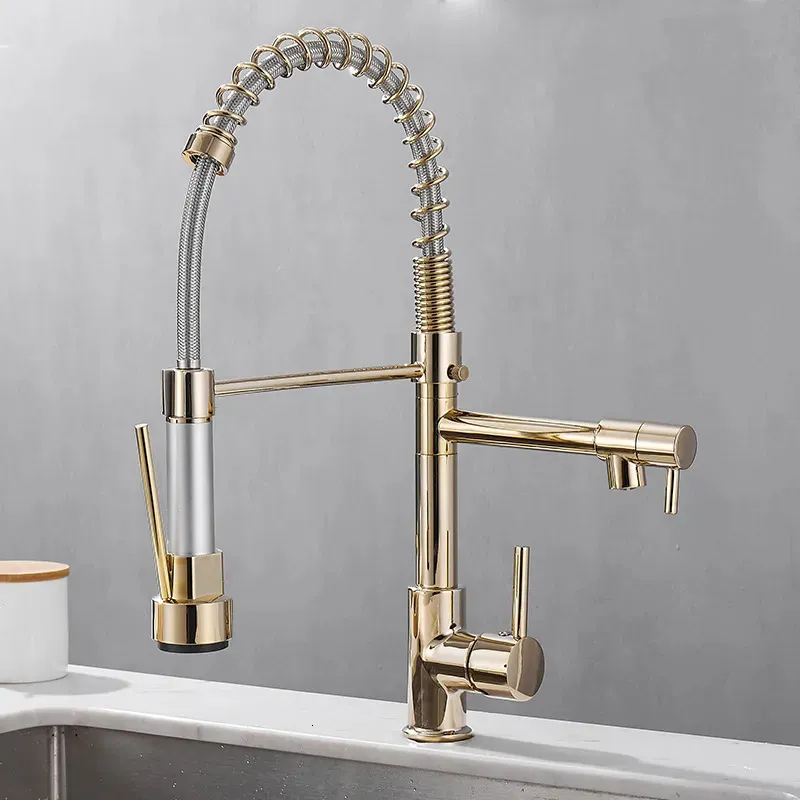 Kitchen Faucets Black and Golden Brass Pulling Sink Dual Outlet WaterCold Washing Basin Tap Deck Mounted Spring Mixer Taps 231211