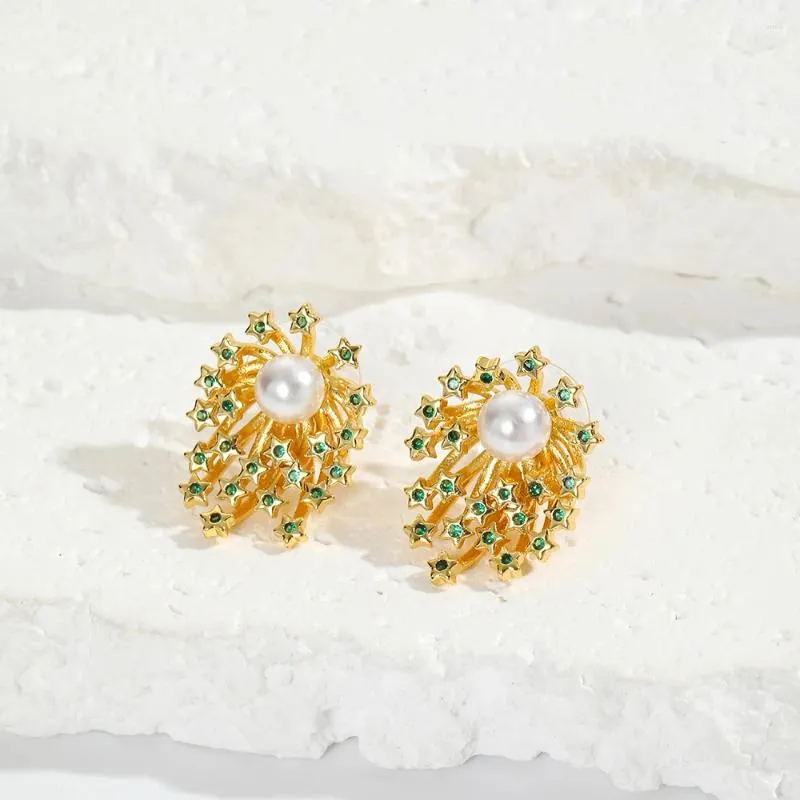 Stud Earrings French Light Luxury Gold Color Full Star Pearl For Women Korean Green Zircon Exquisite Party Jewelry Gift