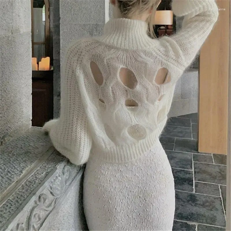 Kvinnors tröjor Limiguyue Autumn Spring Back Hollow Out Wool White Mohair Sweater Women Dragkedja Turtleneck Knit Pullover Sexig Knitwears E287