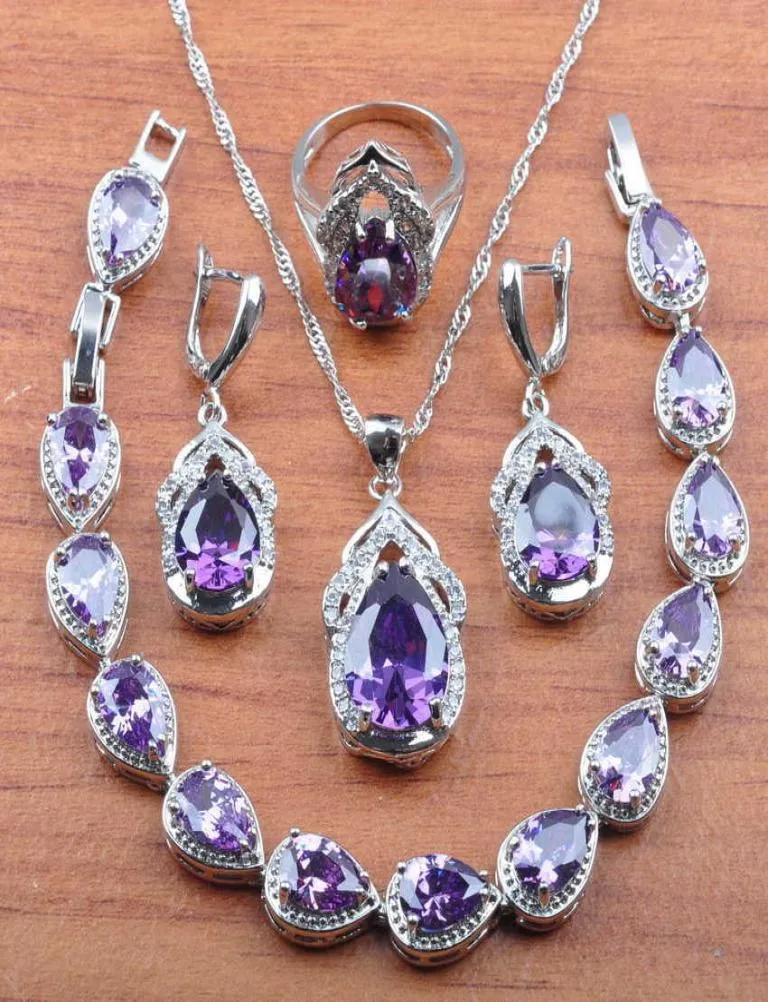 Giorgia di nozze Natural Crystalsilver Purple Cristalli di gioielli Set Women Orecchini Necklace Anelli a ciondolo Bracciale JS0306 H10221645269