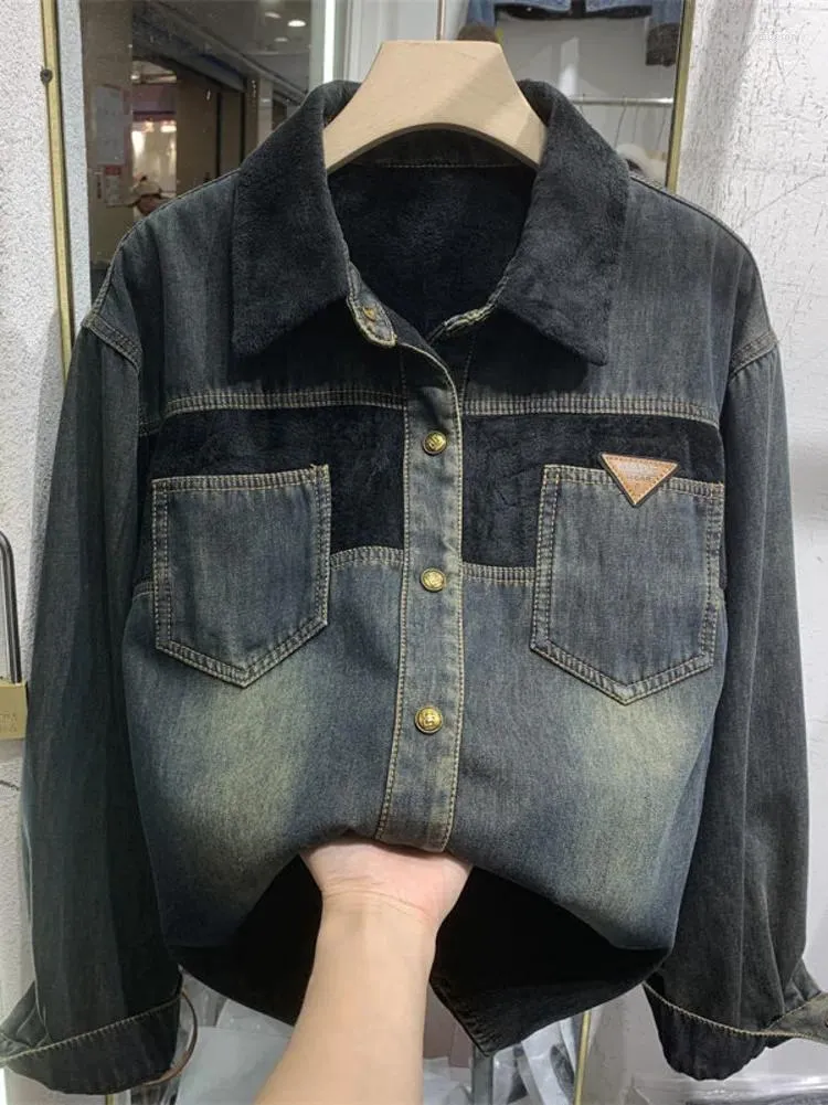 Kadın bluzları şık kadife denim gömlek kadın retro patchwork cepleri gevşek pole pelek ceketi sonbahar kış uzun kollu kot pantolon üst