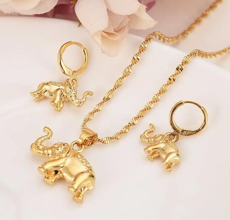 24 k massief fijn goud GF schattige olifant ketting oorbellen trendy dames heren sieraden charme hanger ketting dier geluk sieraden sets3644882