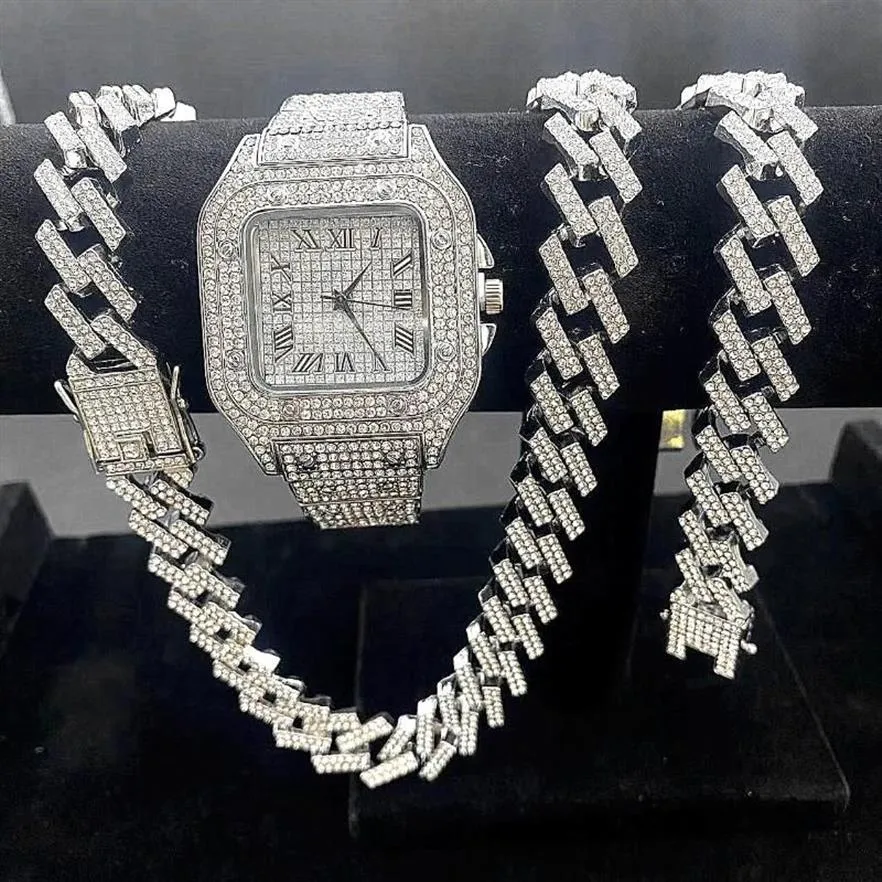 Wristwatches 3PCS Iced Out Watches For Men Gold Watch Quartz 15mm Cuban Link Chains Bracelet Necklaces Diamond Jewelry Man Reloj274Y