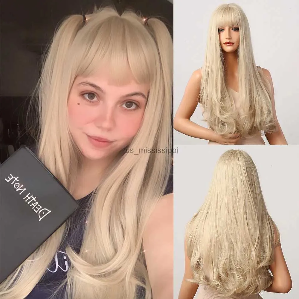 Syntetyczne peruki Henry Margu Long Natural Wavy Platinum Blonde Peruki z grzywką Cosplay Party Lolita syntetyczne peruki dla kobiet odporne na ciepło FIBERL240124