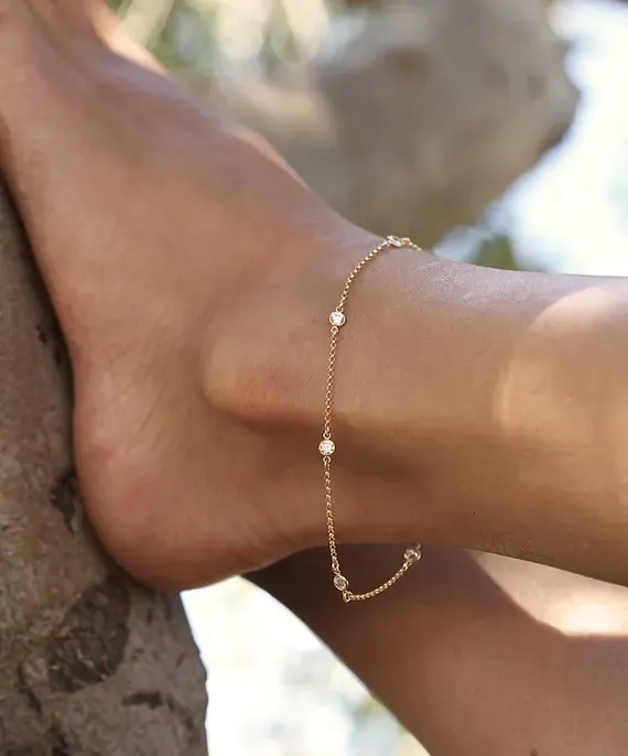 Anklets 213cm Aaa Cubic Zirconia Woman Casual/sporty Gold Color 925 Sterling Sillver Women Ankle Bracelet Jewelry 231211