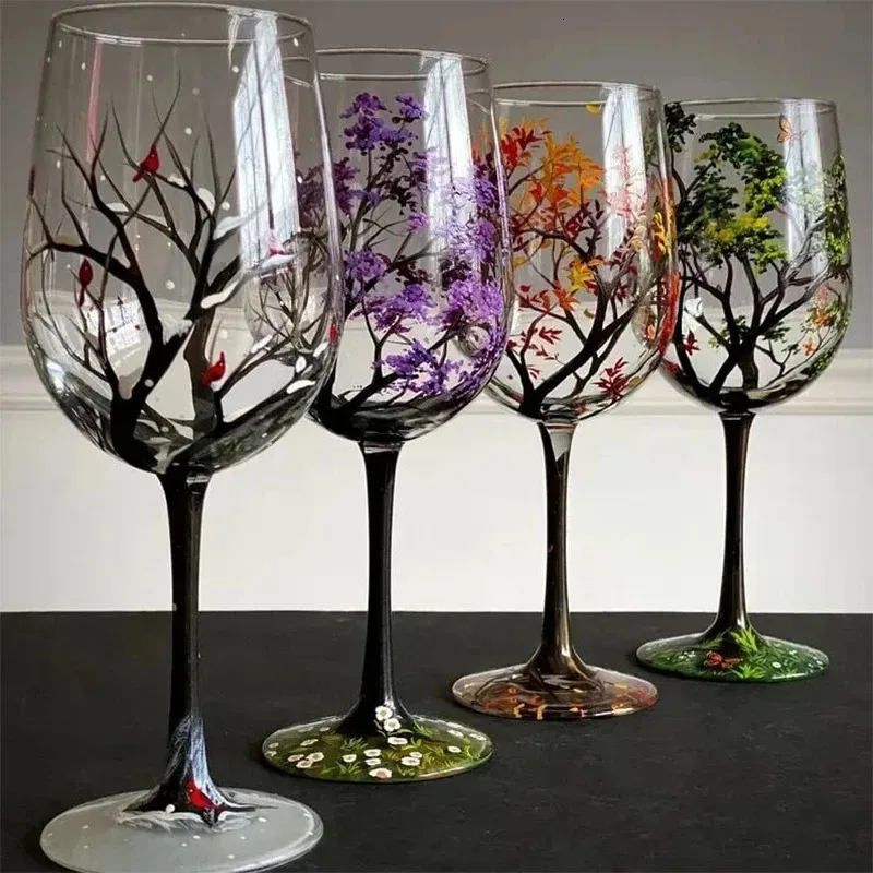 Mugs Four Seasons Trees Wine Glasses Creative Printed High Legged Glass Cup for Beer Cocktail Large Capacity Set 231212