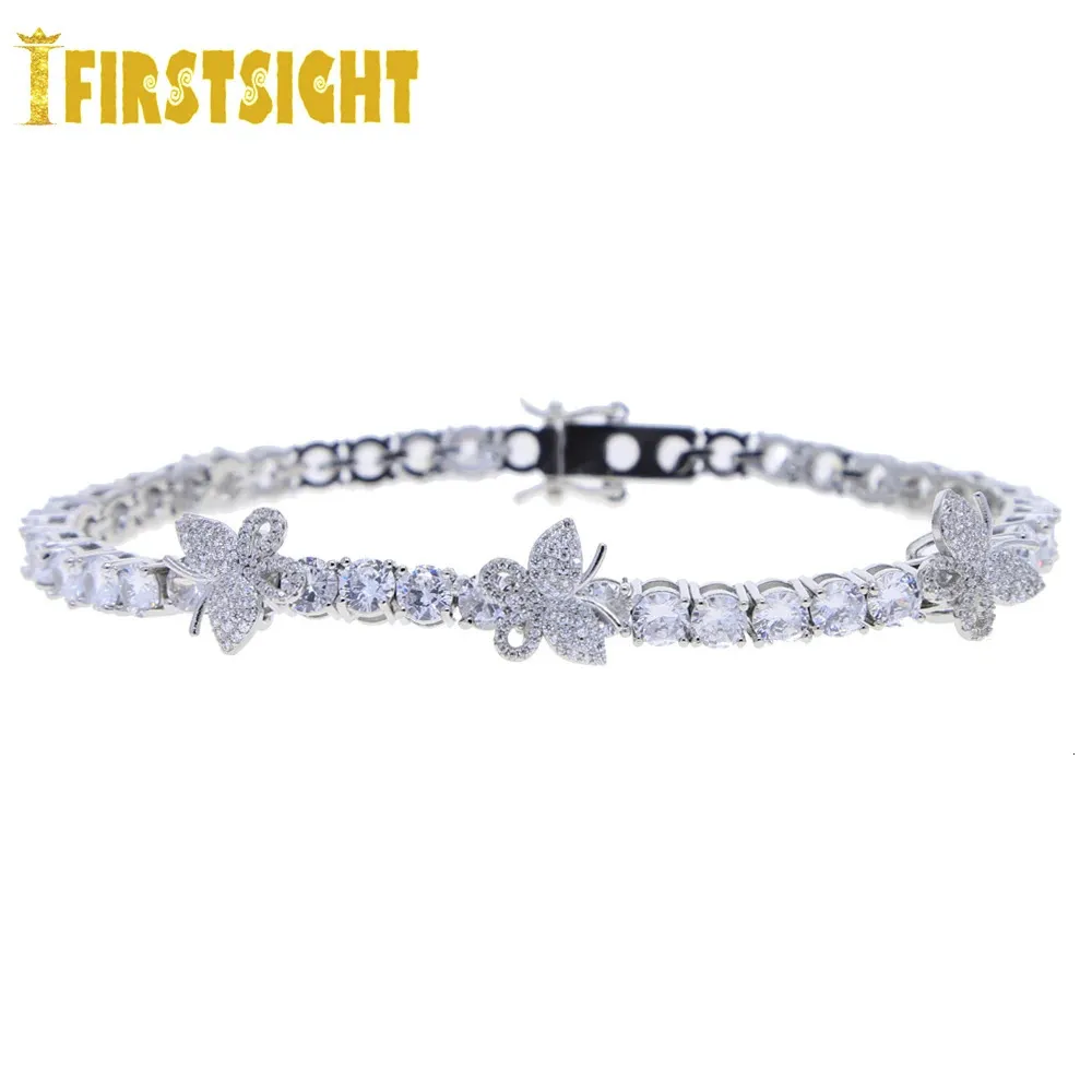 Fußkettchen Iced Out Bling 5A Zirkon 5mm Tenniskette Schmetterling Fußkettchen Frauen Hip Hop Schmuck Silber Farbe Butterflys Charm Fußkettchen 231211