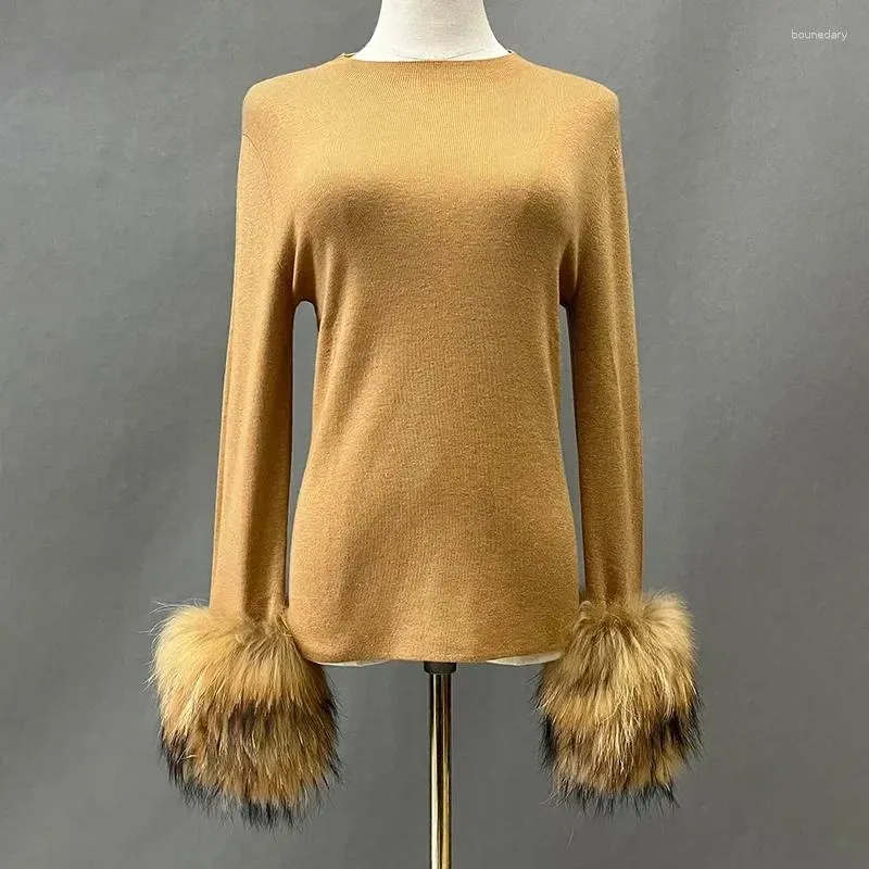 Maglioni da donna 2023 Lady Winter Warm Sweater Alta elasticità con vera pelliccia di procione polsino Abbigliamento donna Pullover staccabile