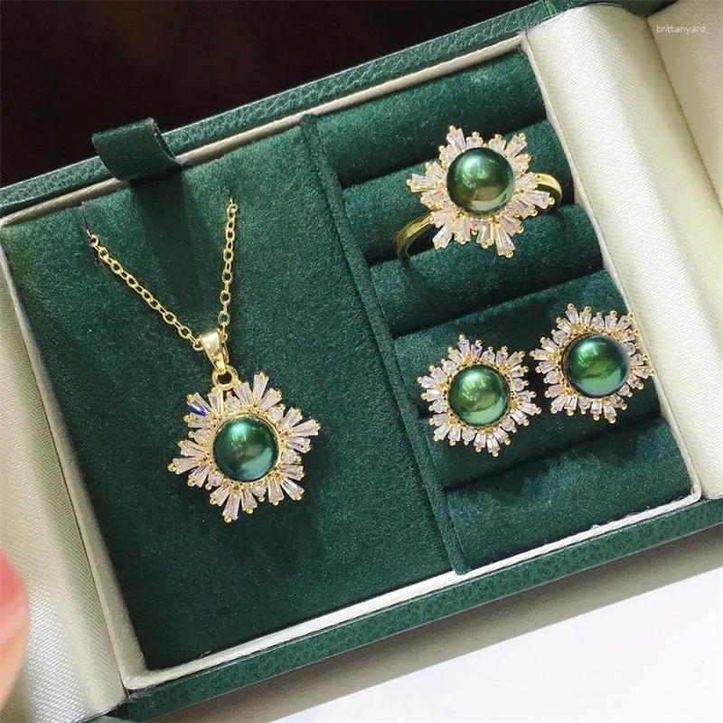 Necklace Earrings Set HABITOO Women's Jewelry 7-8mm Black Green Freshwater Pearl Pendant Ring Snowflake Cubic Zircon Accessories