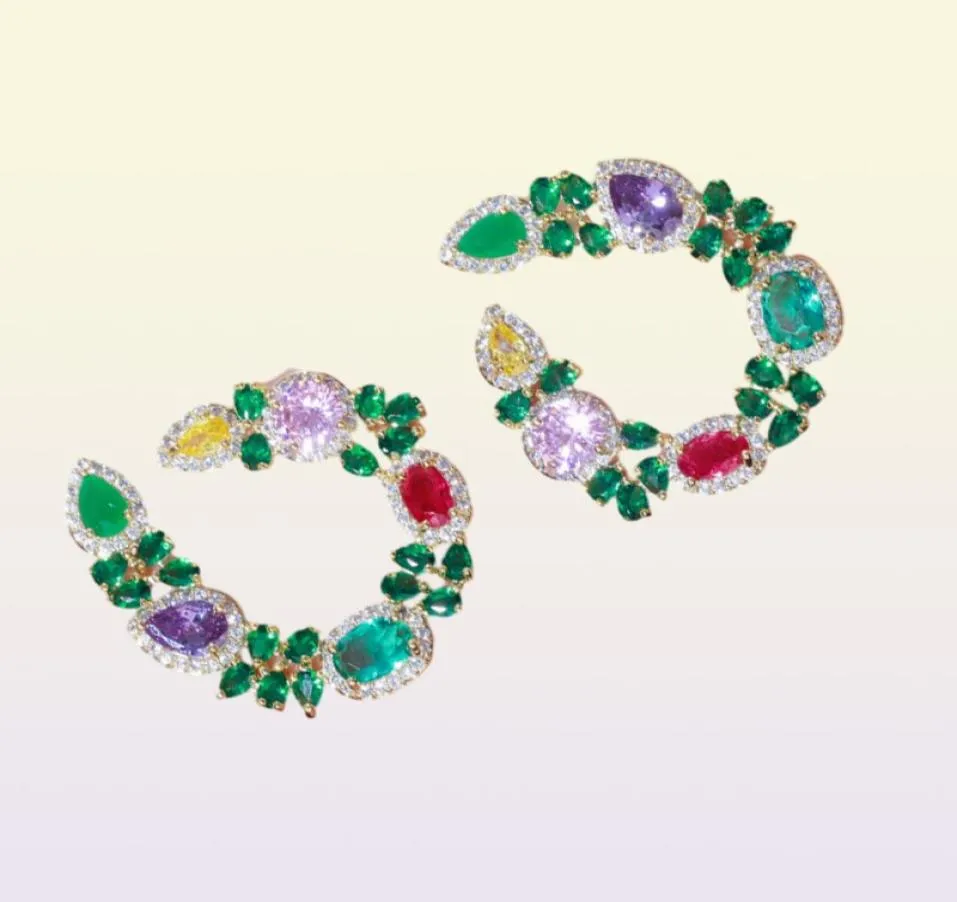 CWWZircons Design unico a foglia di fiore Elegante placcato in oro giallo Orecchini con smeraldo verde rotondo grande per regalo di gioielli da donna CZ604618486130745