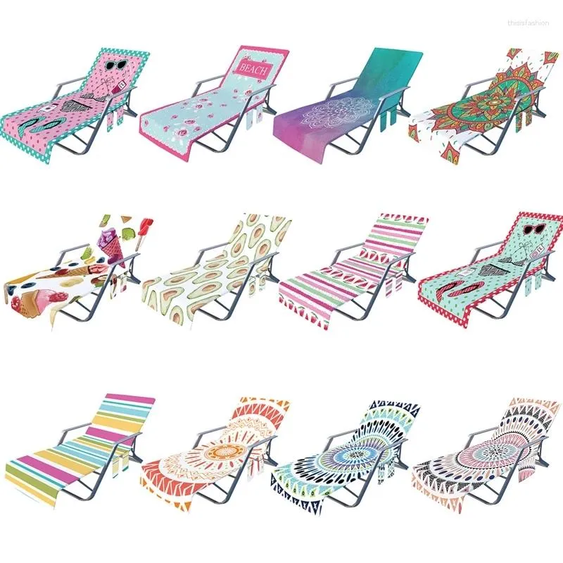 Cadeira cobre Boho Chaise Lounge Cover Toalha de banho de praia de microfibra com bolsos laterais