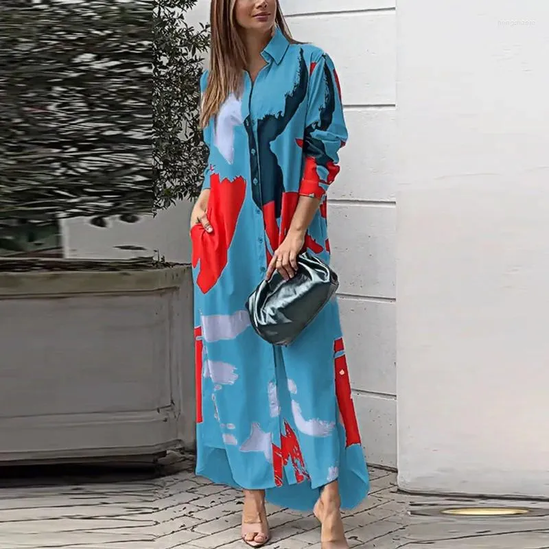 Casual Dresses Fashion Print Shirt Maxi Dress Women Autumn Turn-Down Collar Button Spring Pocket Elegant Loose Long Long