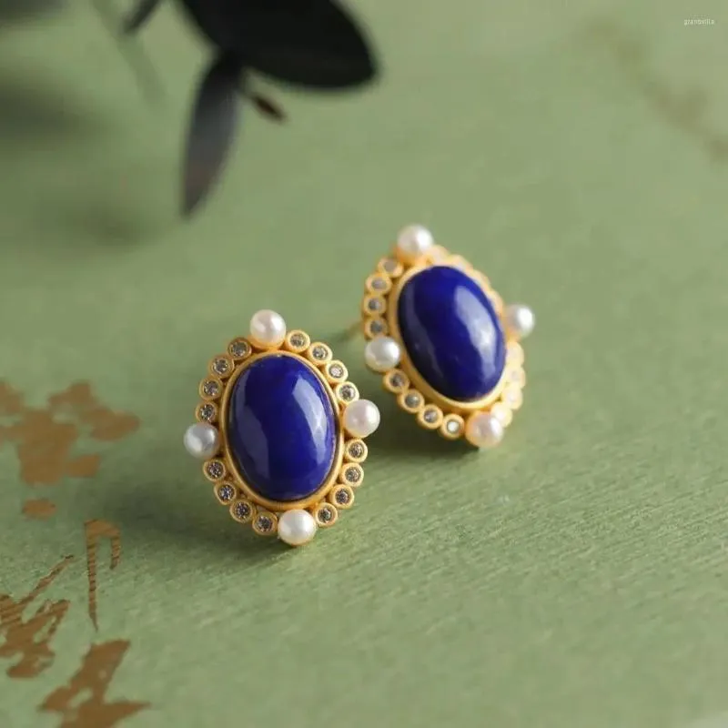 Stud Earrings Santorini Sunset Blue Pearl 2023 Lapis Lazuli Vintage Style Classical