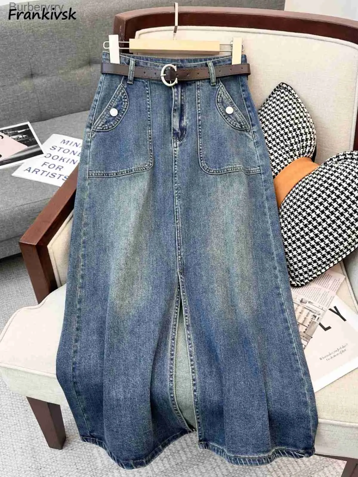 Saias longas saias femininas simples denim chique all-match verão básico escritório senhora roupas elegante cintura alta outono faldas largasl231212