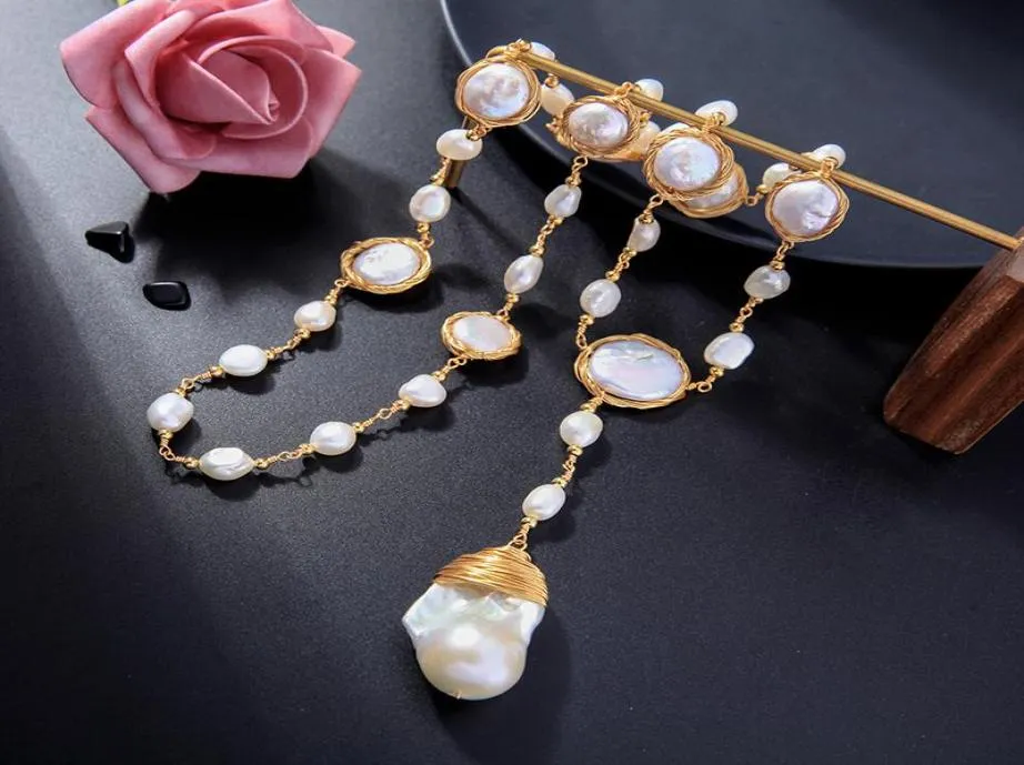 Ожерелья с подвесками из искусственного жемчуга нерегулярной формы для женщин, роскошные латунные цепочки золотого цвета, 2021, модные ювелирные изделия9821065