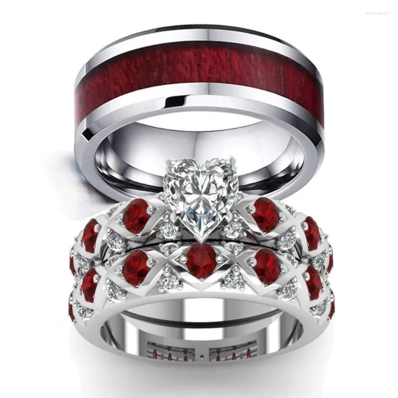 Cluster Rings Fashion Couple Women Heart White Crystal CZ Set Men's Red Wood Inlay Stainless Steel Ring Wedding Band Jewelry Gifts