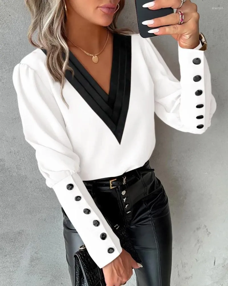 Kvinnor Bluses Office Ladies V-Neck-knappskjorta BLOUSE Spring Autumn Fashion Color Matching Long Sleeve Shirts For Women 2024 White Tops