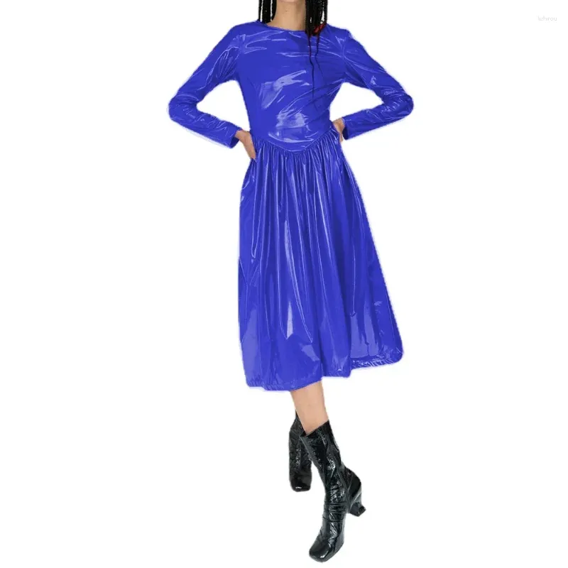 Robes décontractées Wetlook PVC Cuir Col rond Manches longues Robe Midi Longue A-Ligne Élégante Soirée Bureau Lady Sexi Nuit