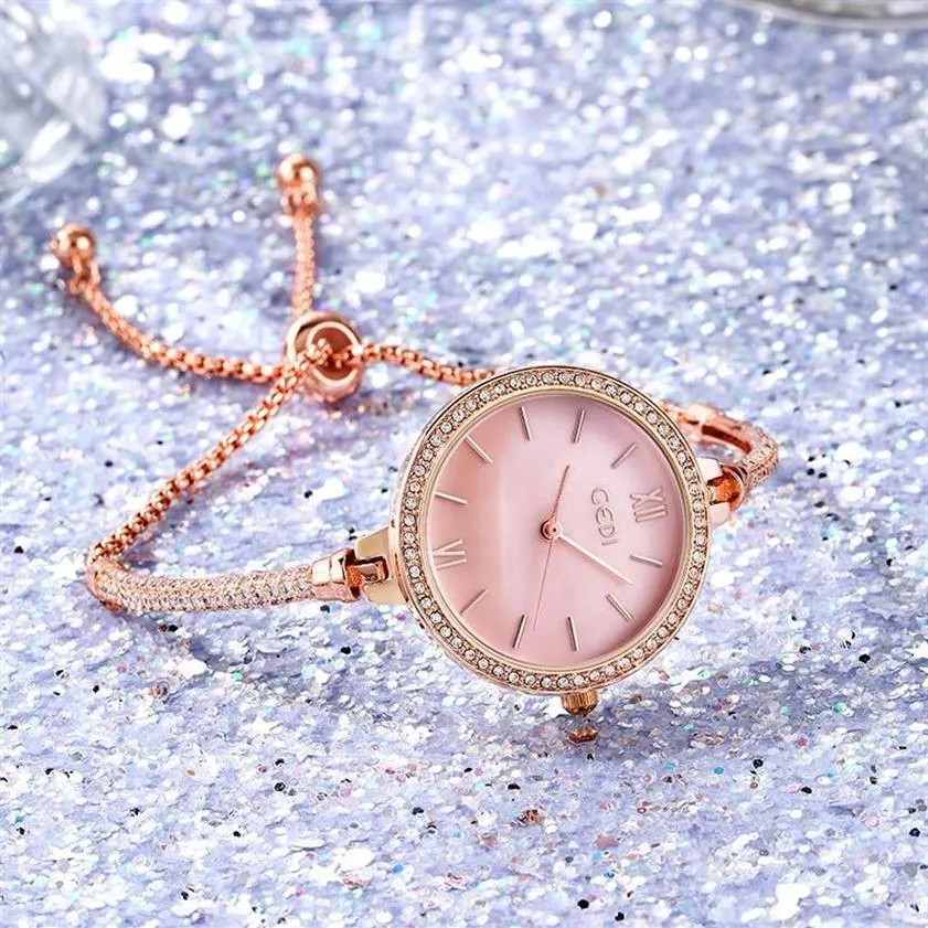 Moda feminina pulseira relógios gedi marca rosa ouro rosa banda estreita elegante senhora relógio simples mimalismo casual feminino clock255z