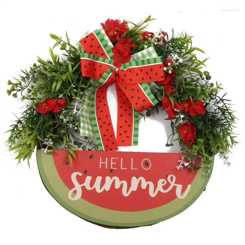 Decorative Flowers Hello Summer Watermelon Wreath Artificial Fruit Hanging Ornament For Farmhouse Front Door Decoration Party Supplies