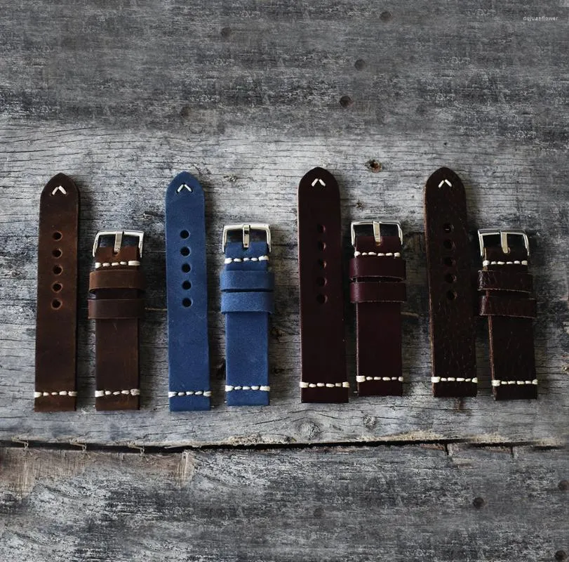 Pulseiras de relógio onthelevel artesanal vintage pulseira de couro acessórios pulseira 20mm 22mm 24mm azul/vermelho escuro pulseira para homens