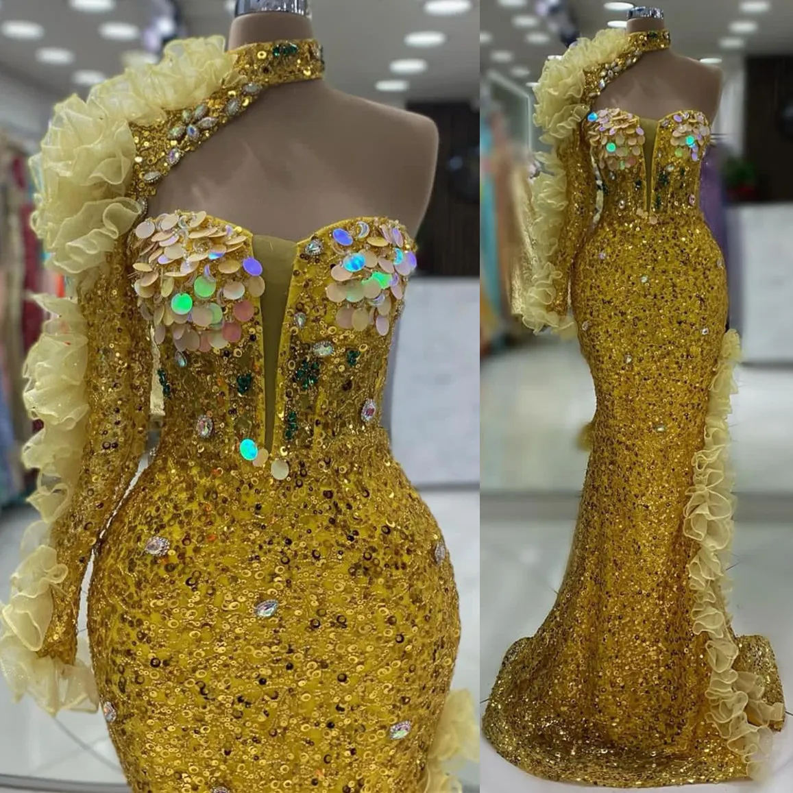 2024 ASO EB GOLD MERAMID PROM Kleid Kristalle Paillettenspitzen Abend formelle Party Zweiter Empfangsgeburtstag Verlobungskleider Kleider Robe de Soiree ZJ02