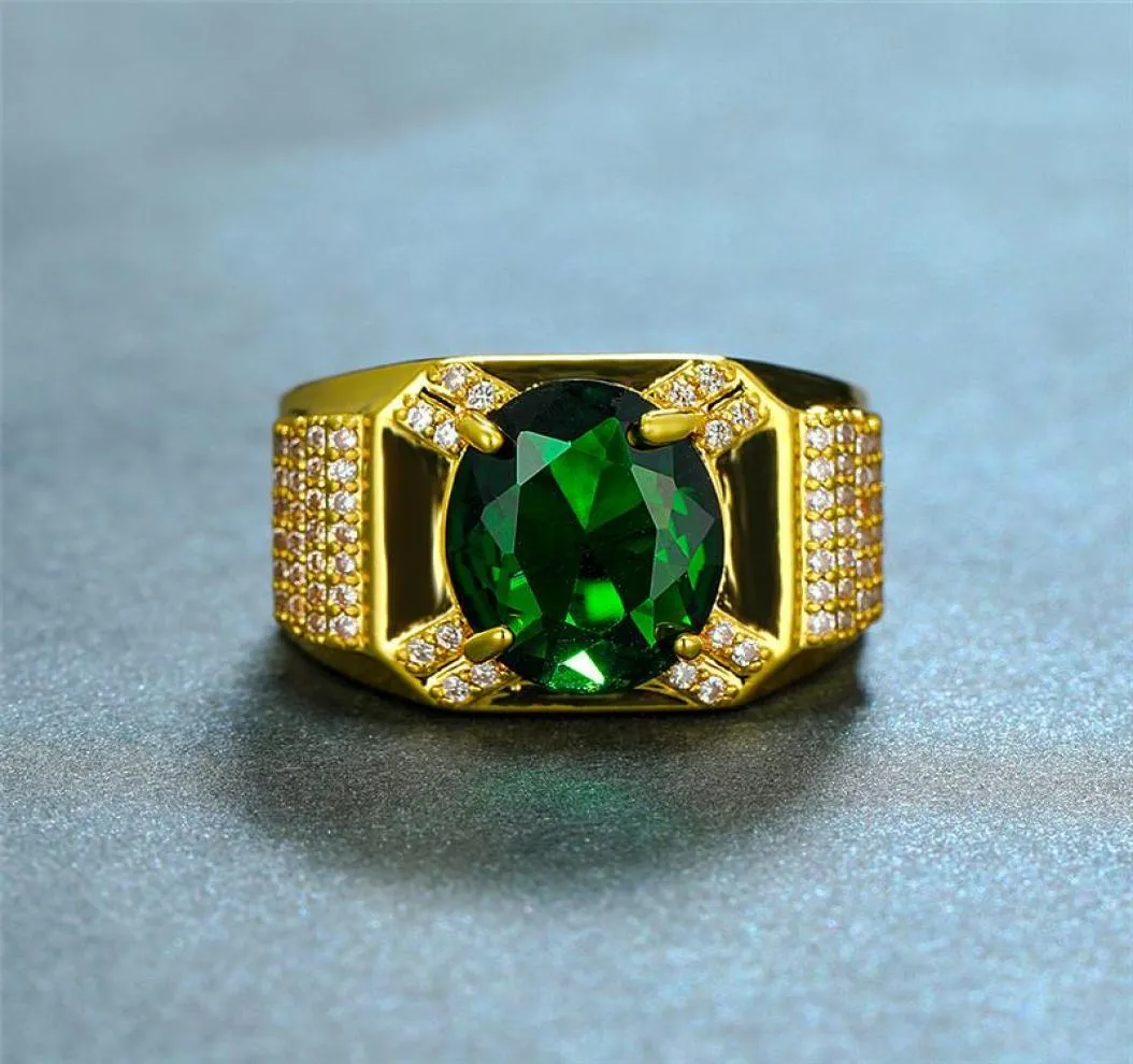 Wedding Rings Gorgeous Female Male Crystal Green Stone Ring Luxury 18KT Yellow Gold Big Oval Engagement For Men Women5197767