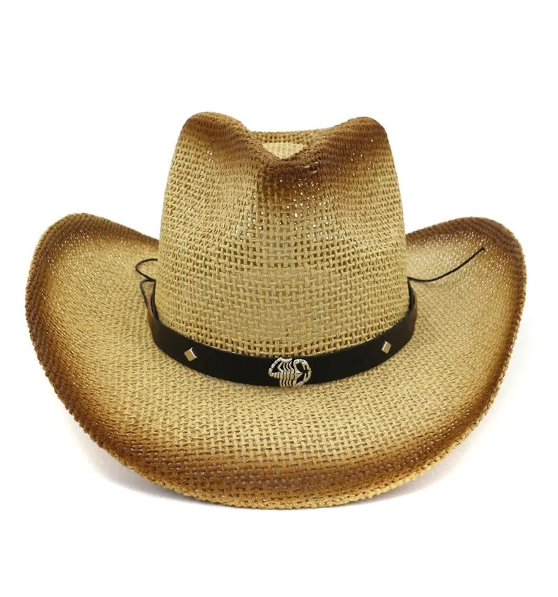 Kvinnor brun spray färg cowboy strå hat bälte metall skorpion dekor damer bred grim sol visir cap casual strand sunhat8790213