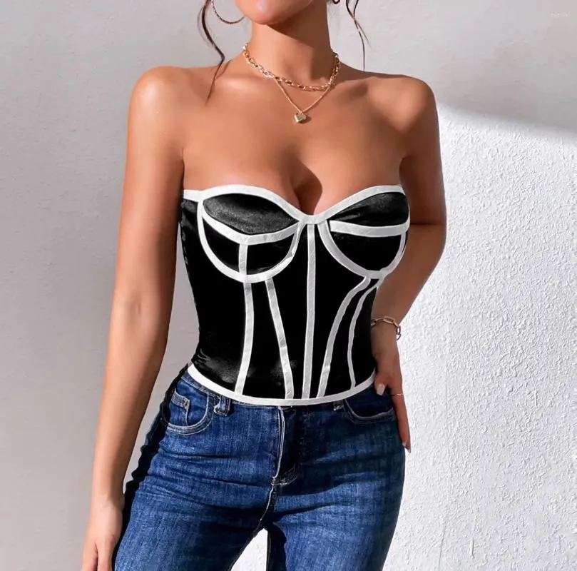 Women's Tanks Low Cut Contrast Color Camisole Black And White Strapless Padded Chest Top Women Sleeveless Summer Camis Vest Sexy Tank