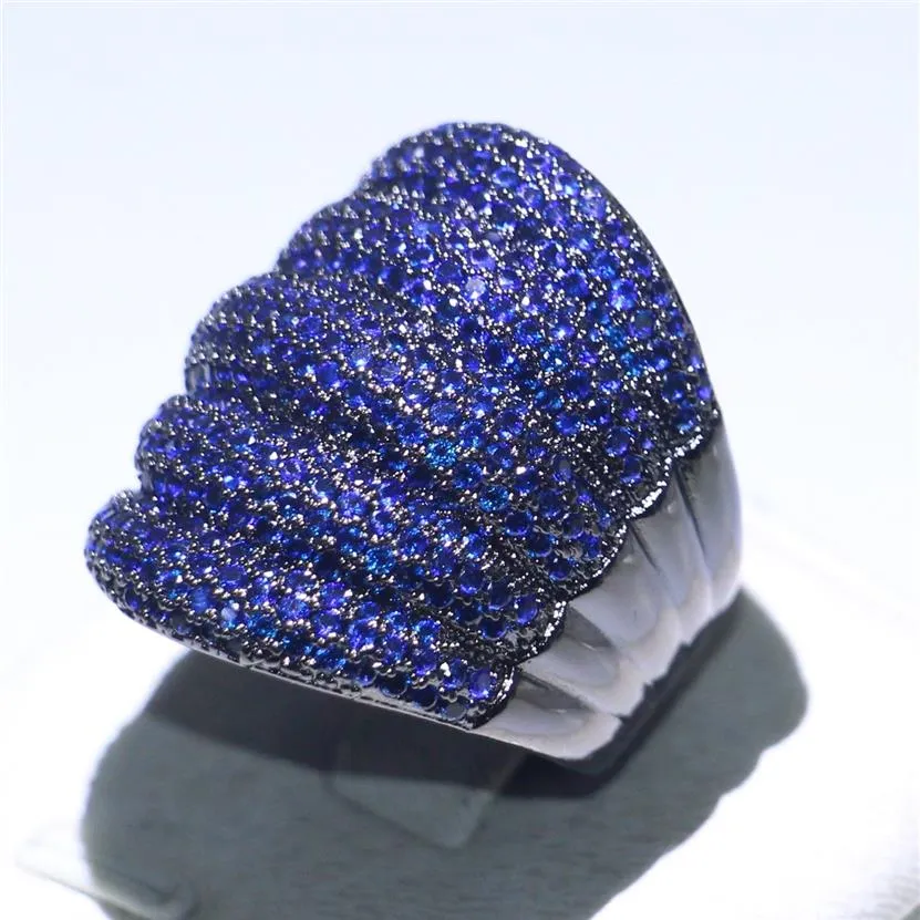 Tamaño 5-11 Anillo de dedo de gota Joyería de lujo 10KT Relleno de oro negro Pave Piedras preciosas de zafiro azul Fiesta Eternidad Alianza de boda R316p