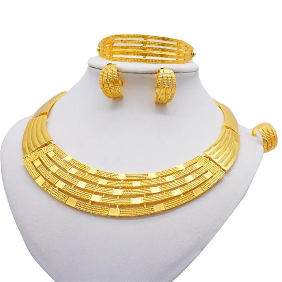 Earrings & Necklace African 24k Gold Color Jewelry Sets For Women Dubai Bridal Wedding Gifts Choker Bracelet Ring Jewellery Set301J